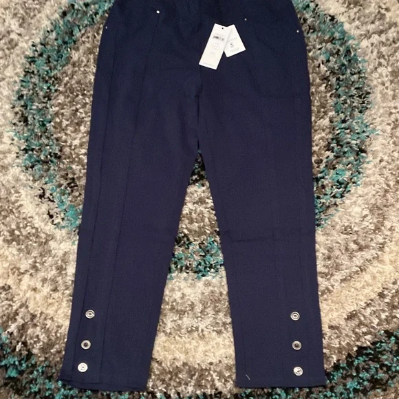 Navy Button Hem Stretch Pants - Picture 1 of 2
